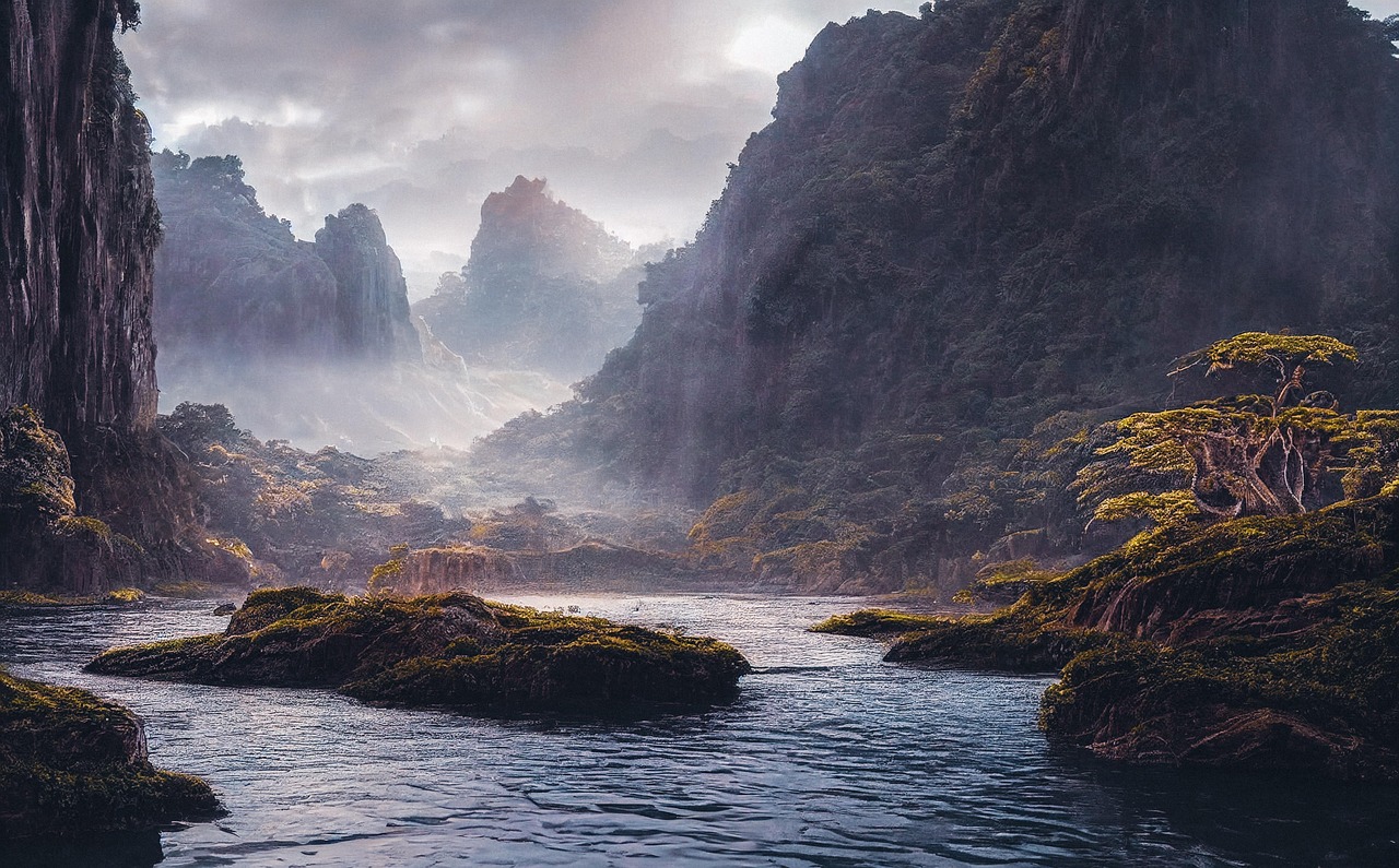 Misty Valley at Sunset with River and Trees