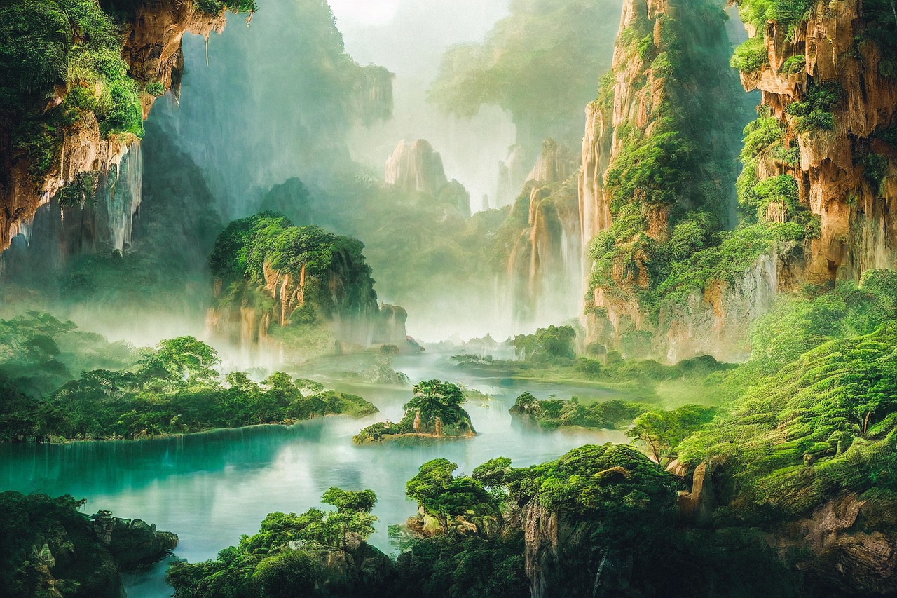 Misty Valley with Lush Green Mountains and Water