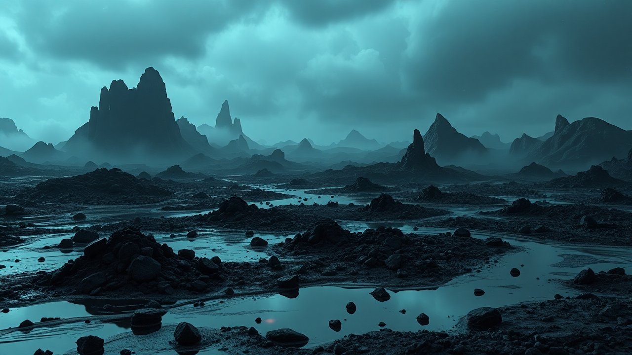 Misty Volcanic Landscape with Dark Rocky Terrain