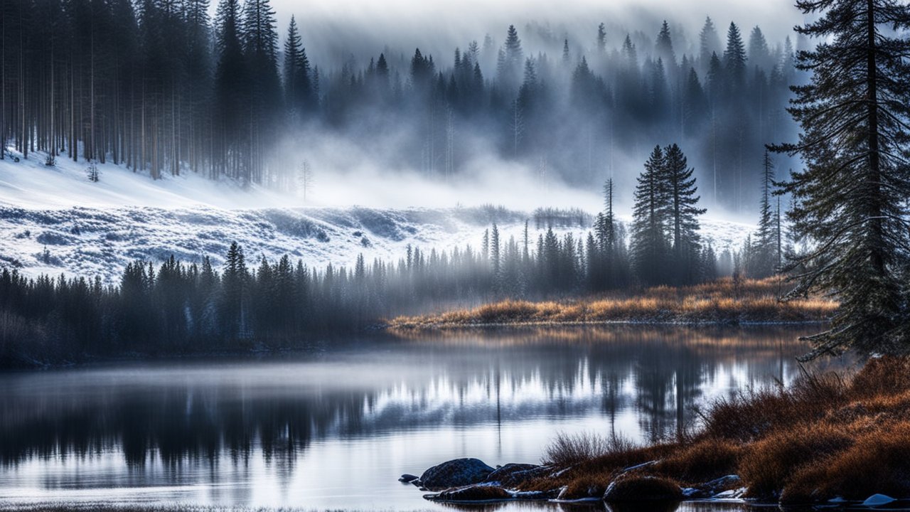 Misty Winter Forest by a Calm Lake