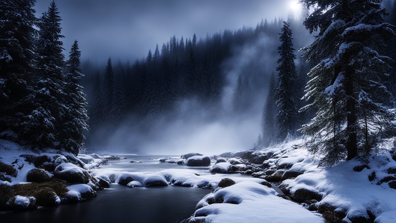 Misty Winter Forest River at Dawn