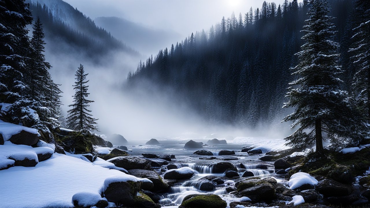 Misty Winter Forest with Snow-Covered Pines and Flowing Stream