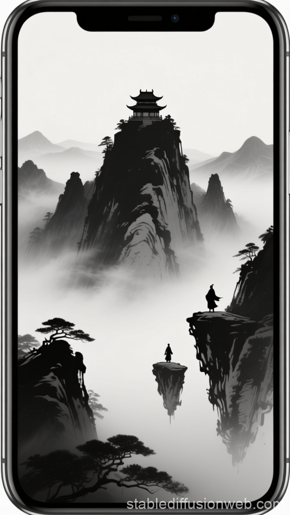 Misty Xianxia Peaks with Silhouetted Figures