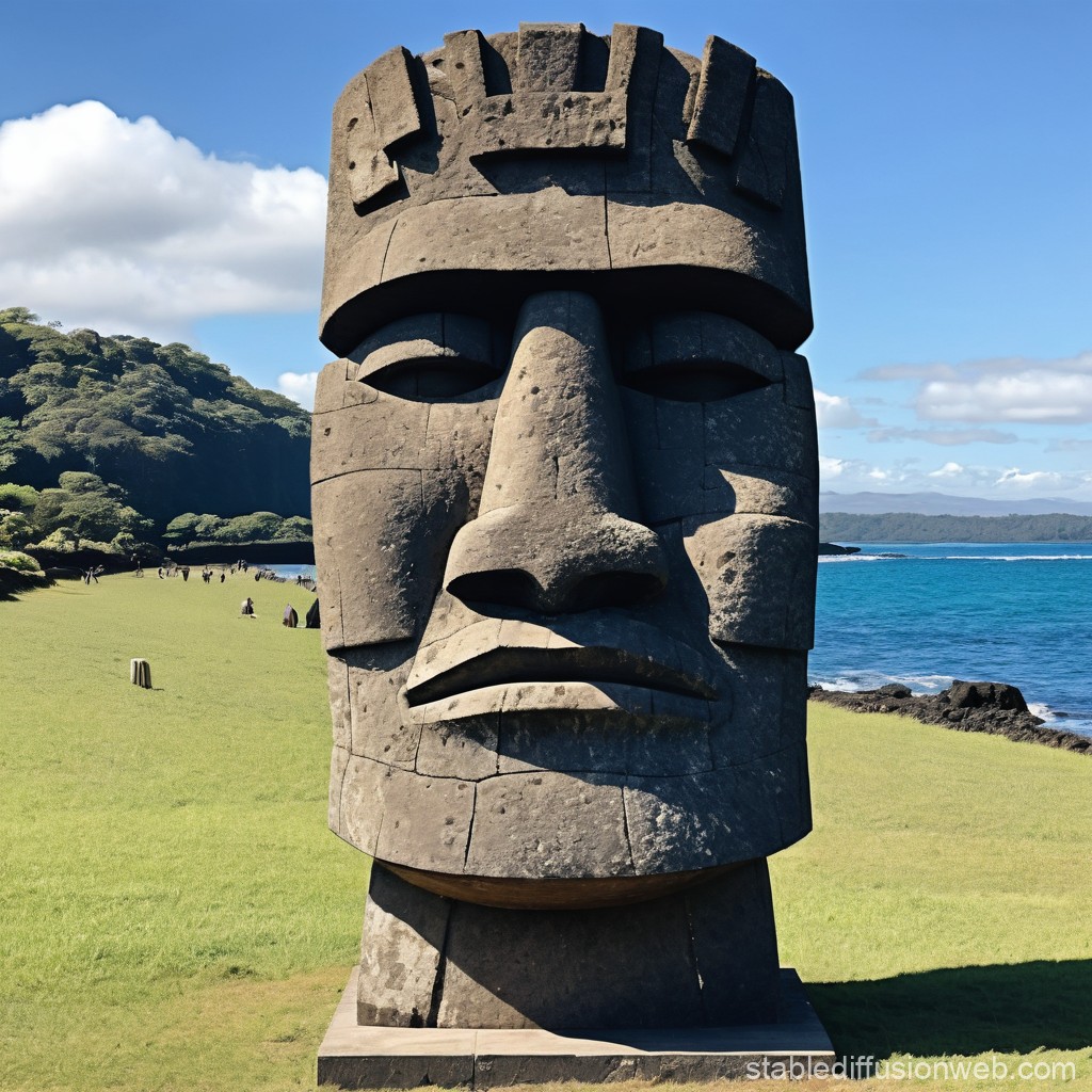 Moai Statue on Coastal Grassland Under Blue Sky