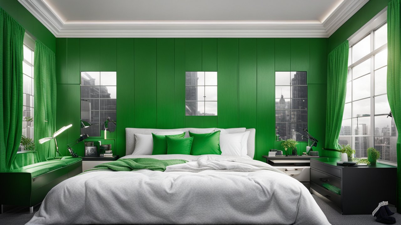 Modern Bedroom with Bold Green Accent Walls and City View