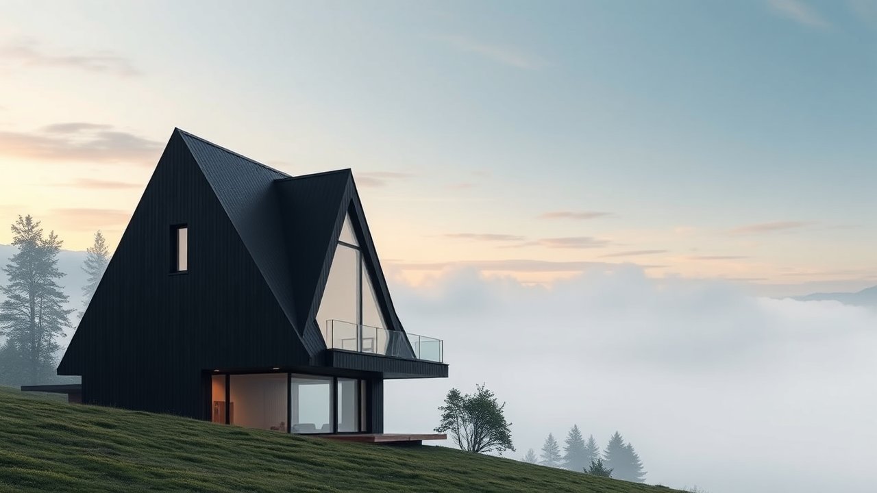 Modern Black A-Frame House on Misty Hillside