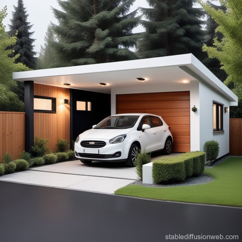 Modern Carport with White Compact Car and Wooden Garage Door