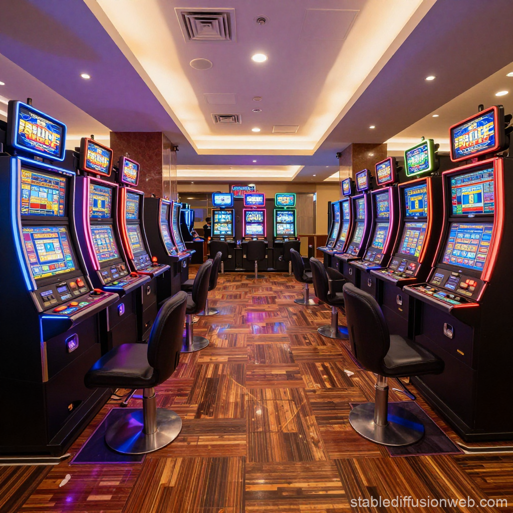 Modern Casino Floor with Rows of Slot Machines