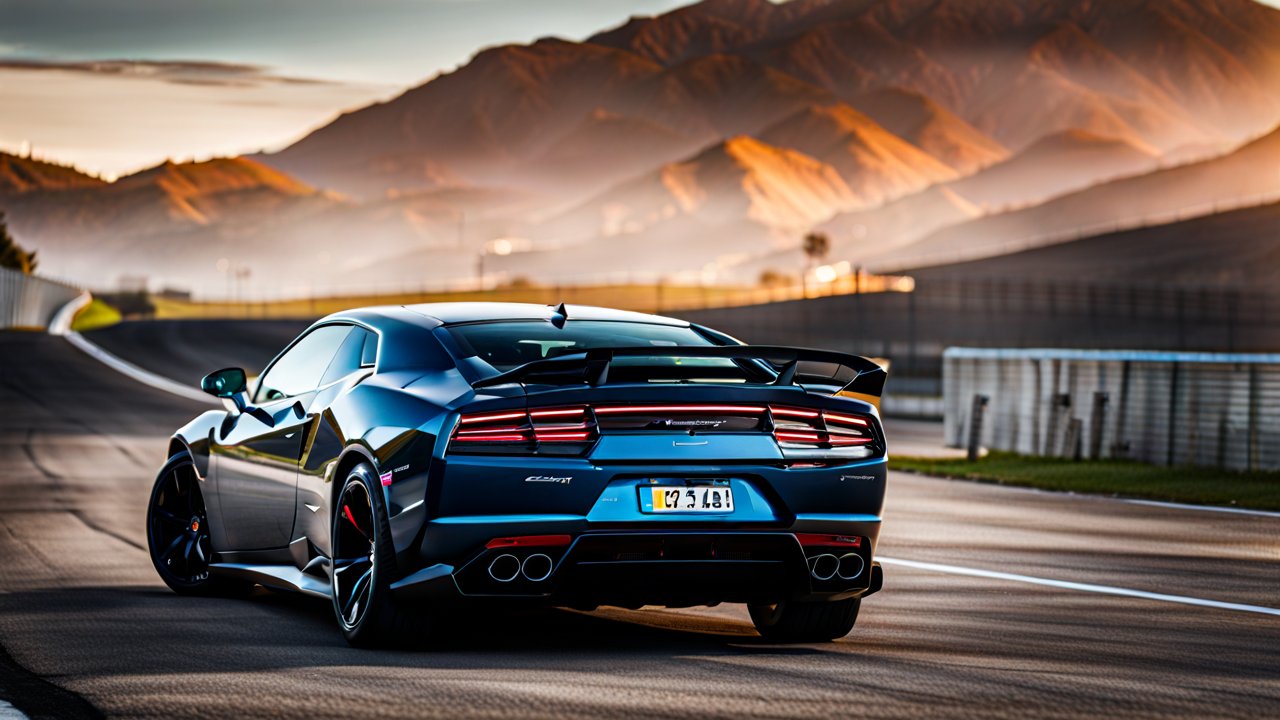 Modern Challenger Lamborghini on a Mountain Road at Sunset