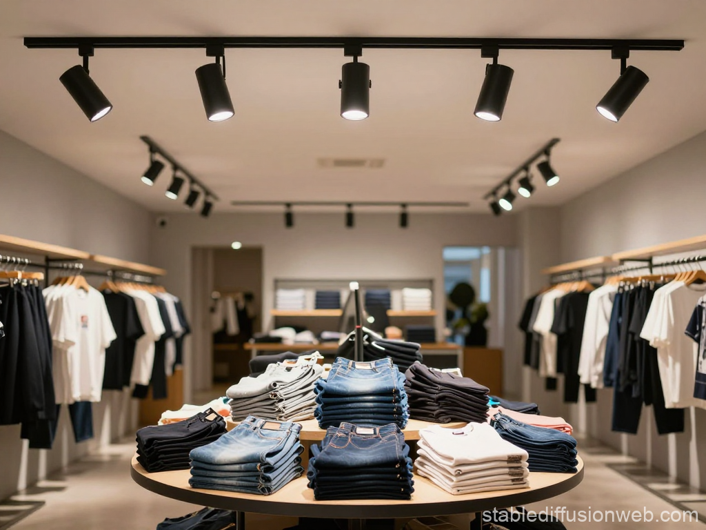 Modern Clothing Store Interior with Neatly Folded Jeans and Shirts