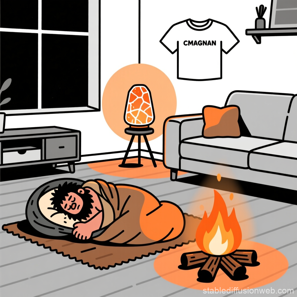 Modern Cro-Magnon Sleeping by Indoor Campfire