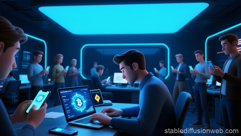 Modern Crypto Workspace with Focused Professionals