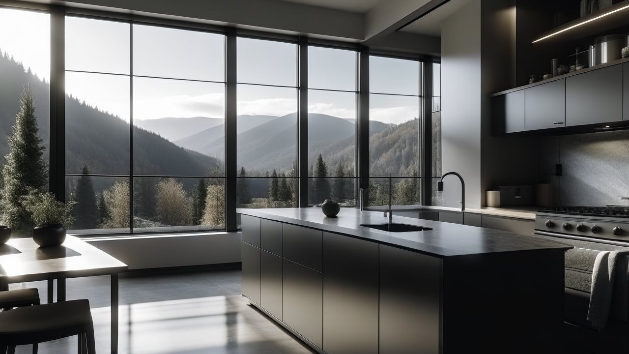 Modern Dark Kitchen with Panoramic Mountain View