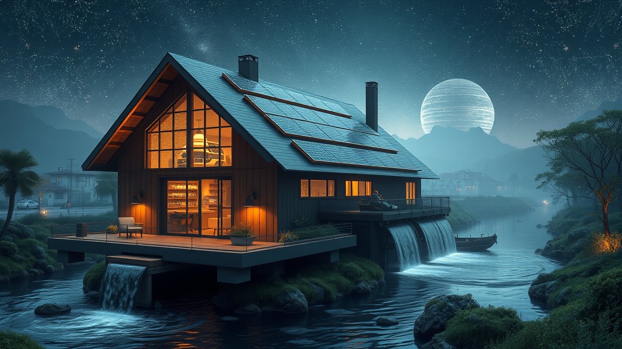 Modern Eco-Friendly House by a River Under a Starry Sky