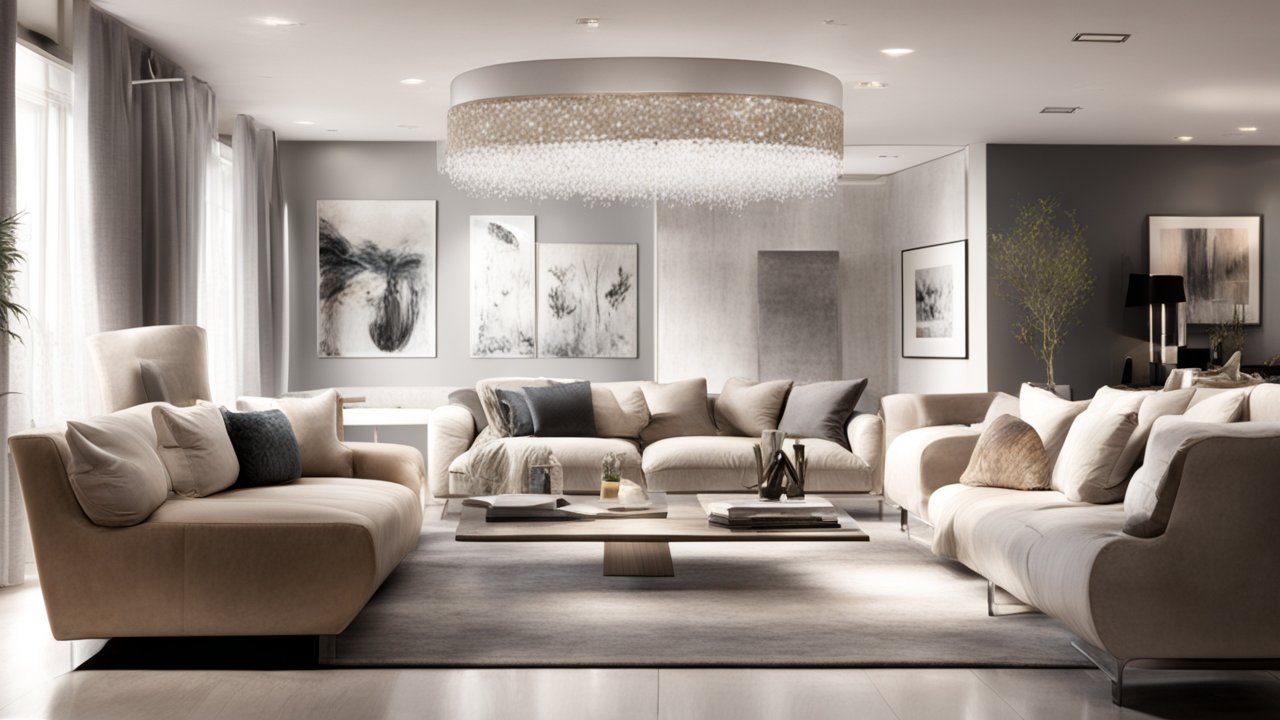 Modern Elegant Living Room with Neutral Tones and Artistic Decor
