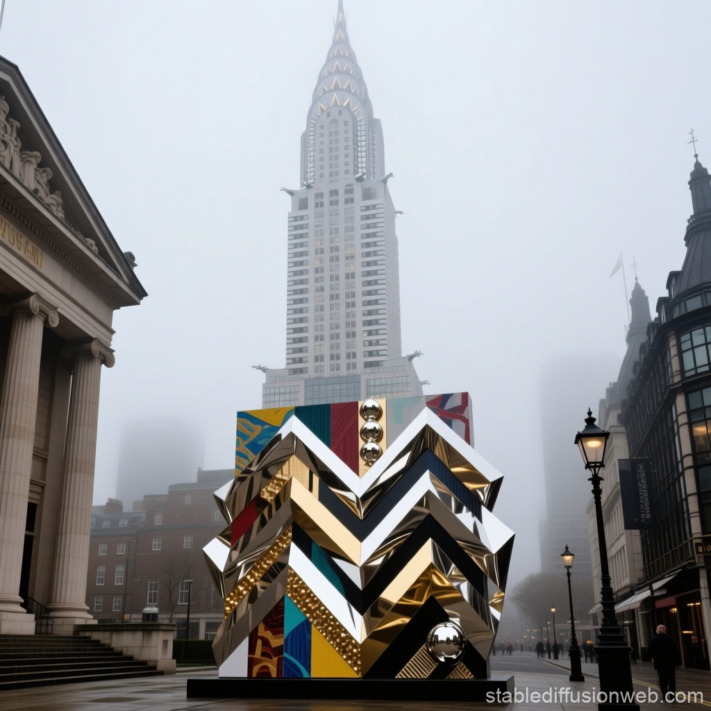 Modern Geometric Sculpture in Foggy Urban Setting