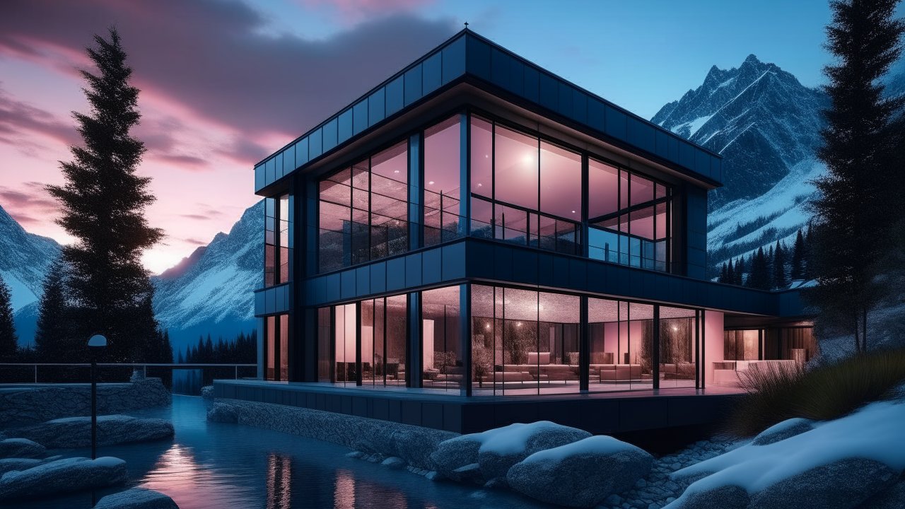 Modern Glass House by Mountain Lake at Twilight