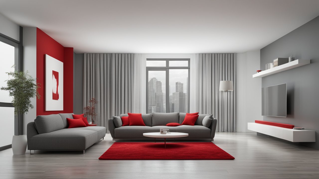 Modern Gray and Red Living Room Interior with City View