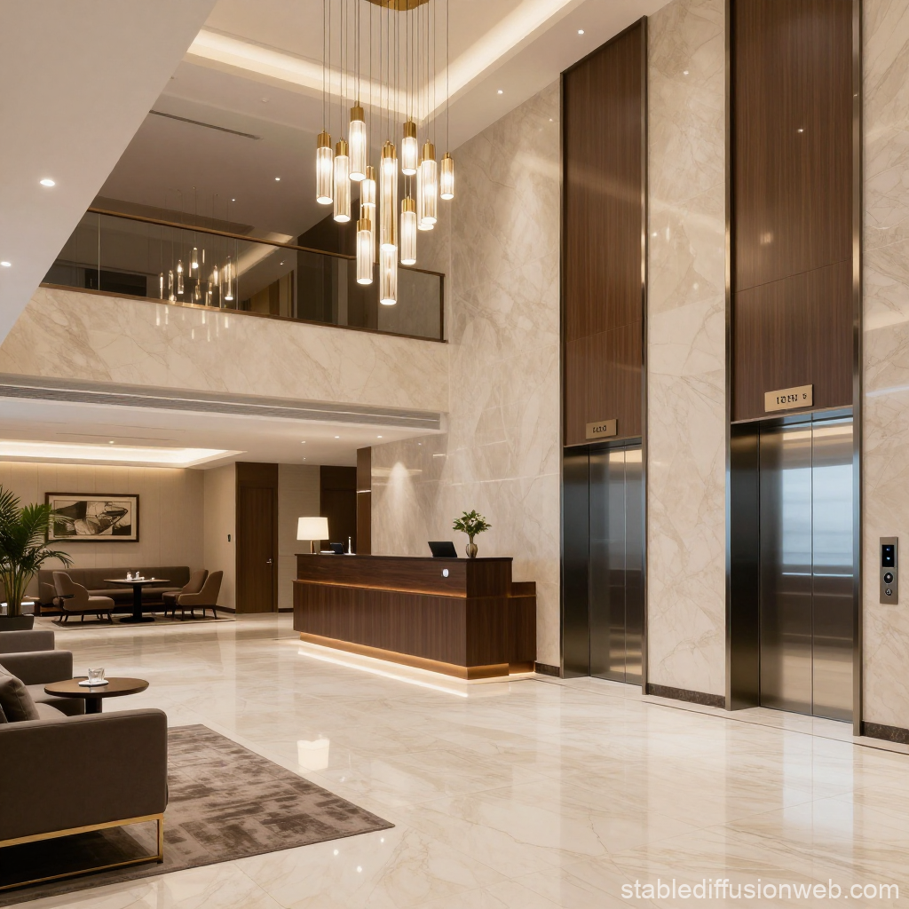 Modern Hotel Lobby with Elegant Elevators and Reception