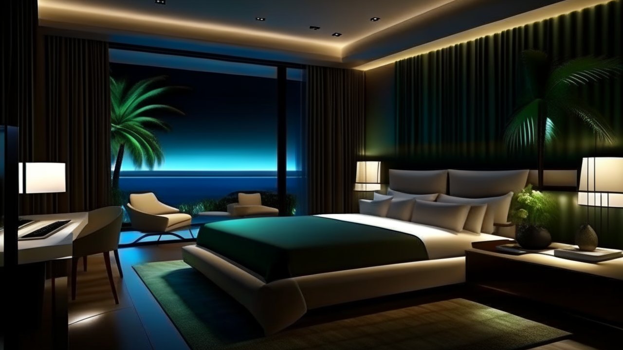 Modern Hotel Room with Ocean View at Night