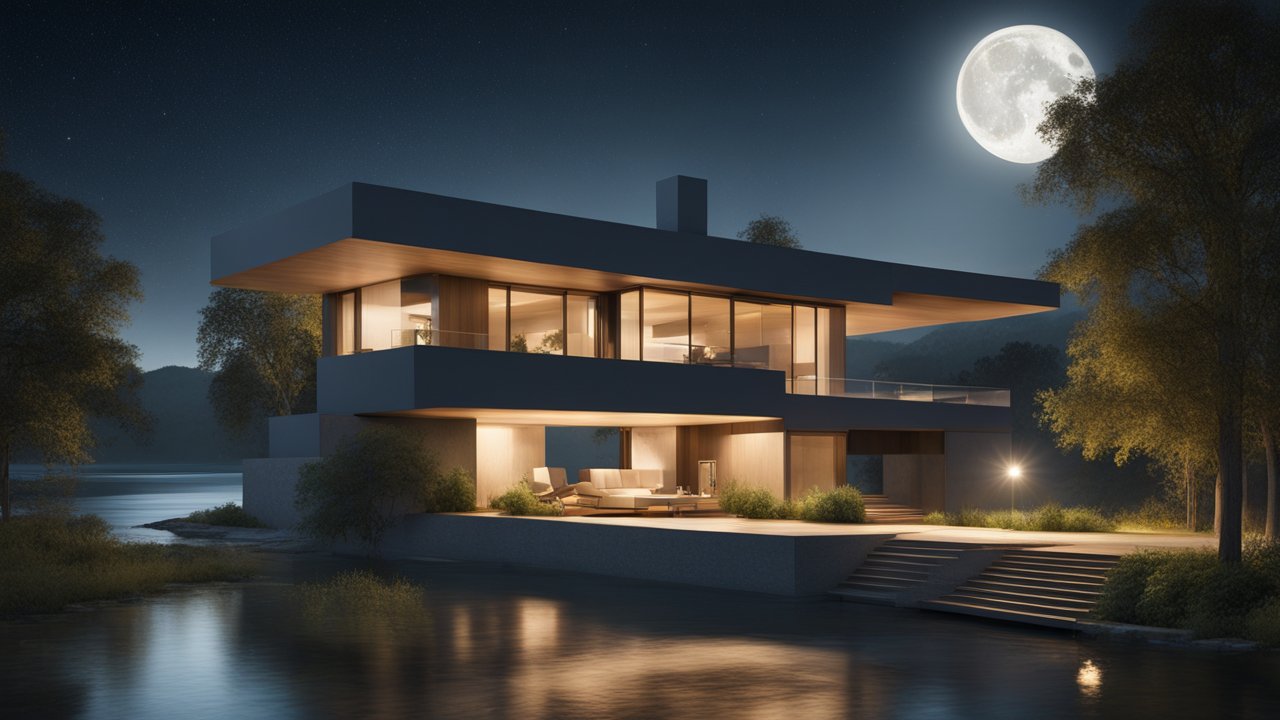 Modern House by the Lake Under Full Moon