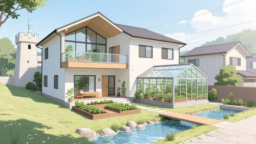 Modern House with Greenhouse and Garden in Sunny Suburb