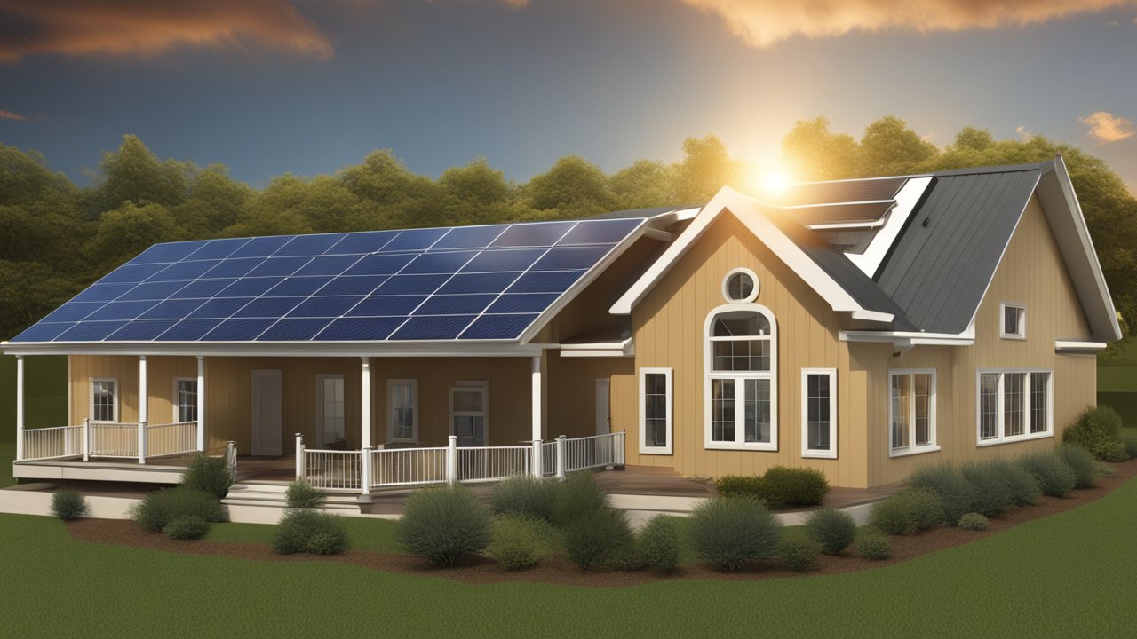 Modern House with Solar Panels at Sunset