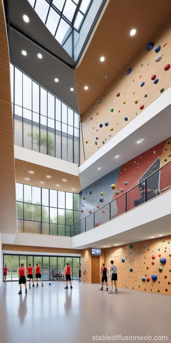 Modern Indoor Sports Facility with Climbing Walls and Basketball Court