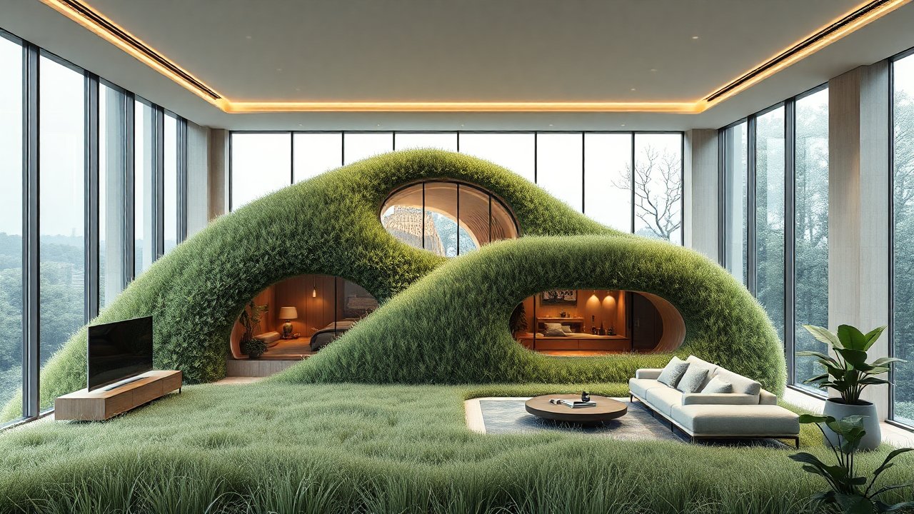 Modern Interior with Organic Grass-Covered Structures