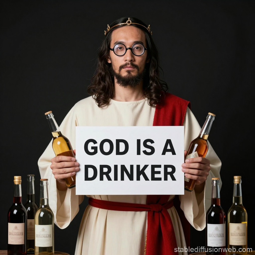 Modern Jesus Holding 'God Is A Drinker' Sign with Bottles