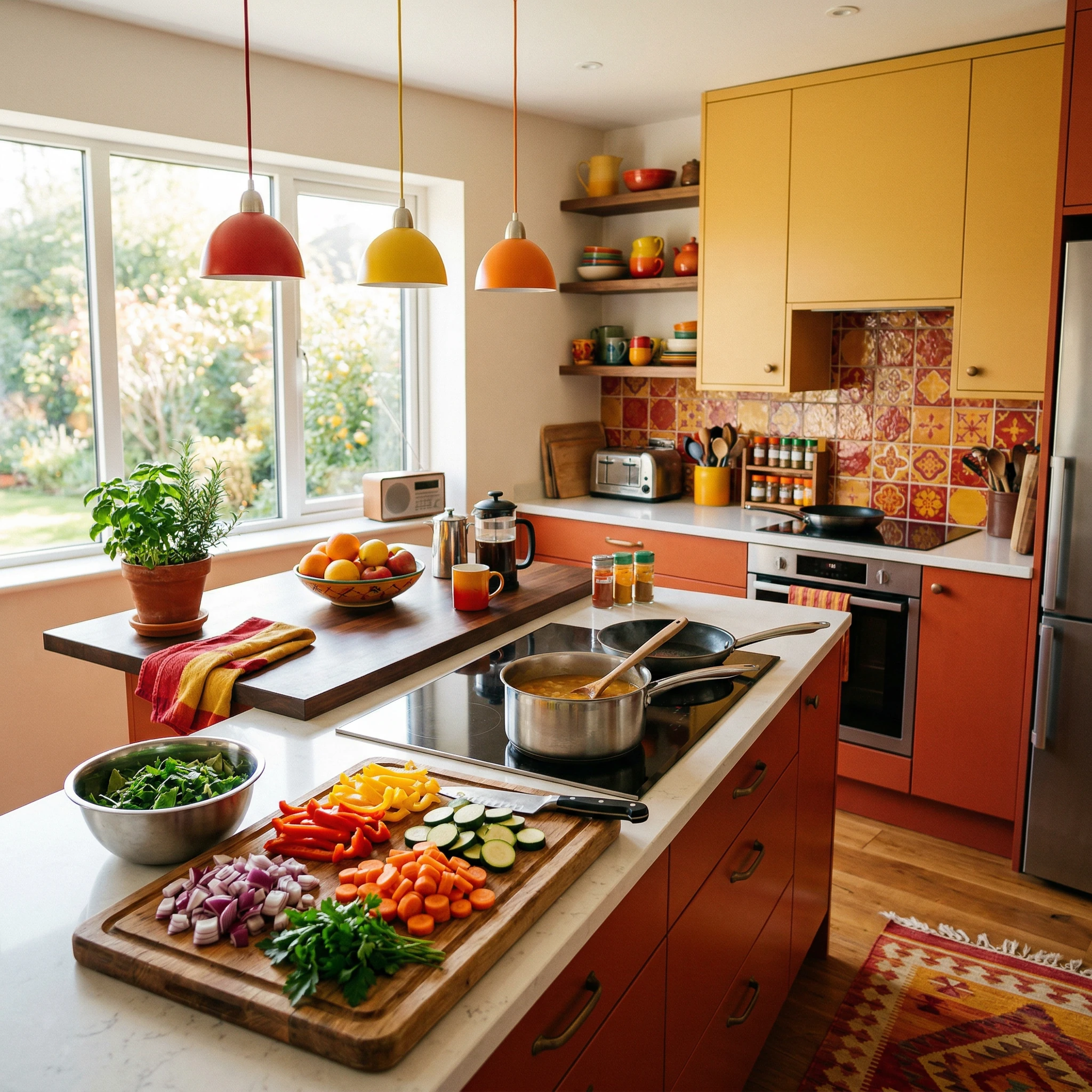 Modern Kitchen with Warm Red and Yellow Tones