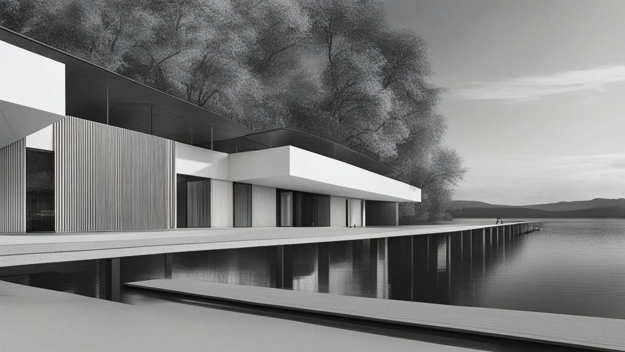 Modern Lakeside Architectural Design in Monochrome