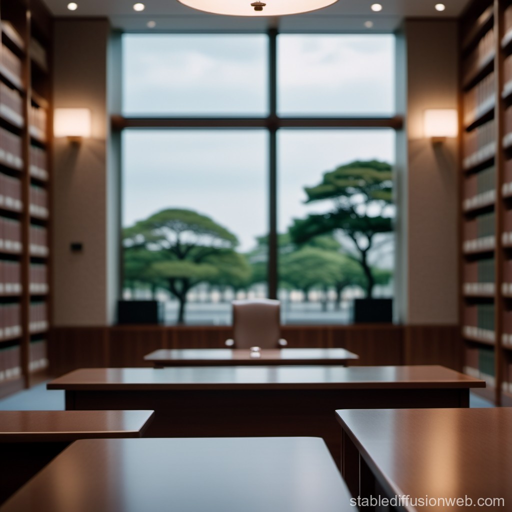Modern Library Interior with Large Window and Trees Outside
