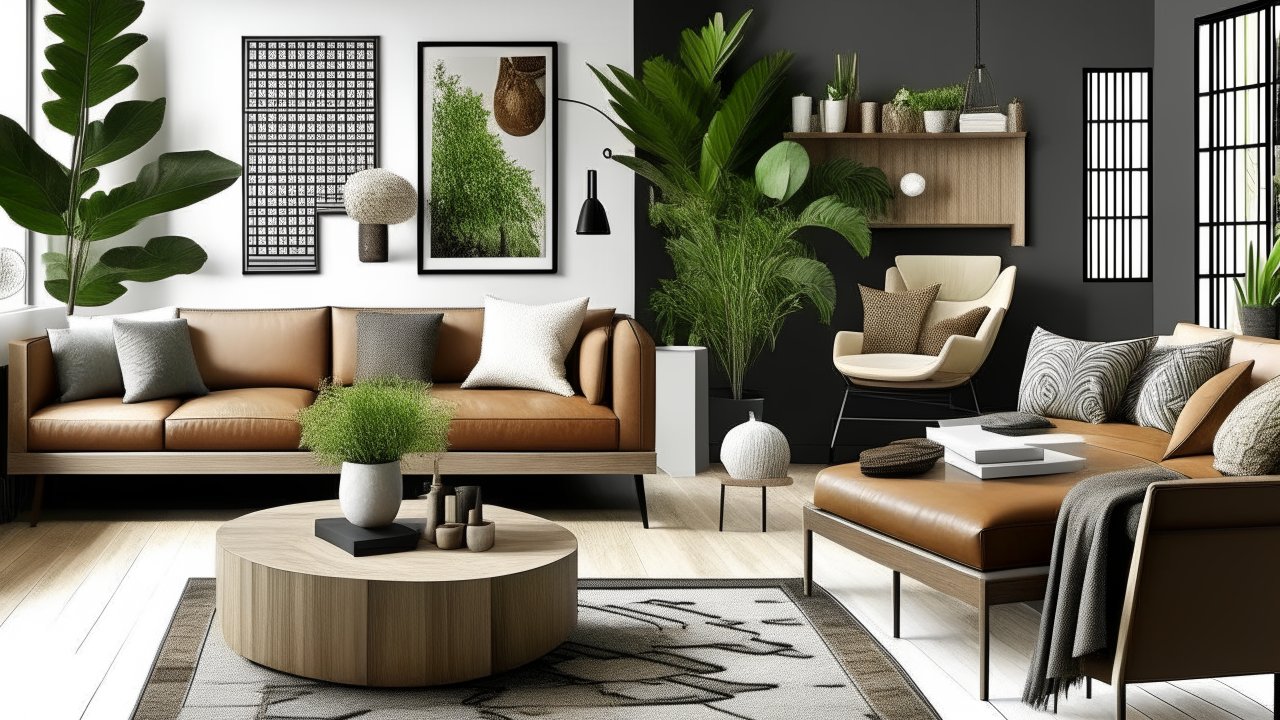 Modern Living Room with Earth Tones and Greenery