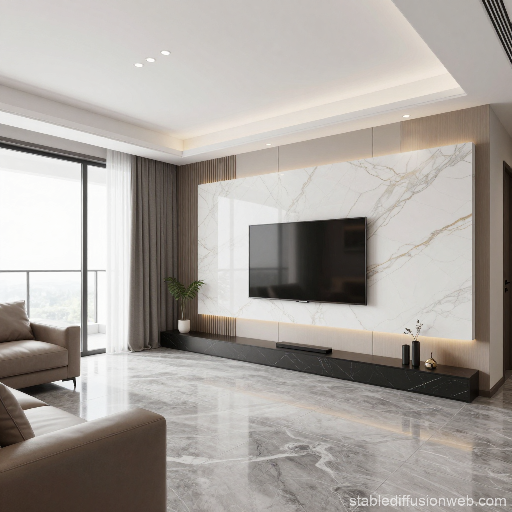 Modern Living Room with Gold Marble Accent Wall
