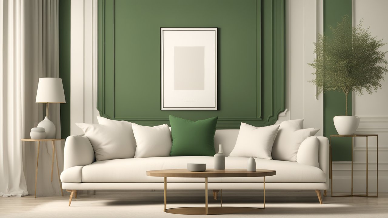 Modern Living Room with Green Accent Wall and Minimalist Decor
