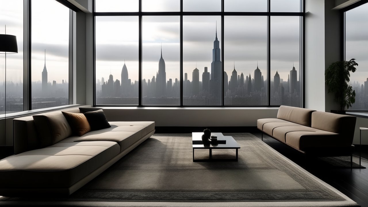 Modern Living Room with Panoramic New York Skyline View