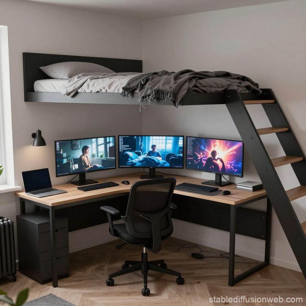 Modern Loft Workspace with Triple Monitors and Elevated Bed