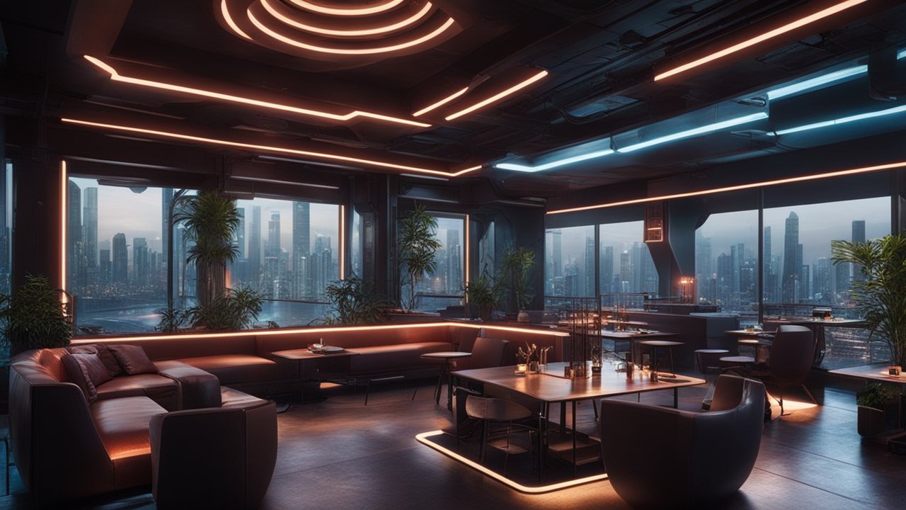 Modern Lounge with Cityscape Views and Ambient Lighting