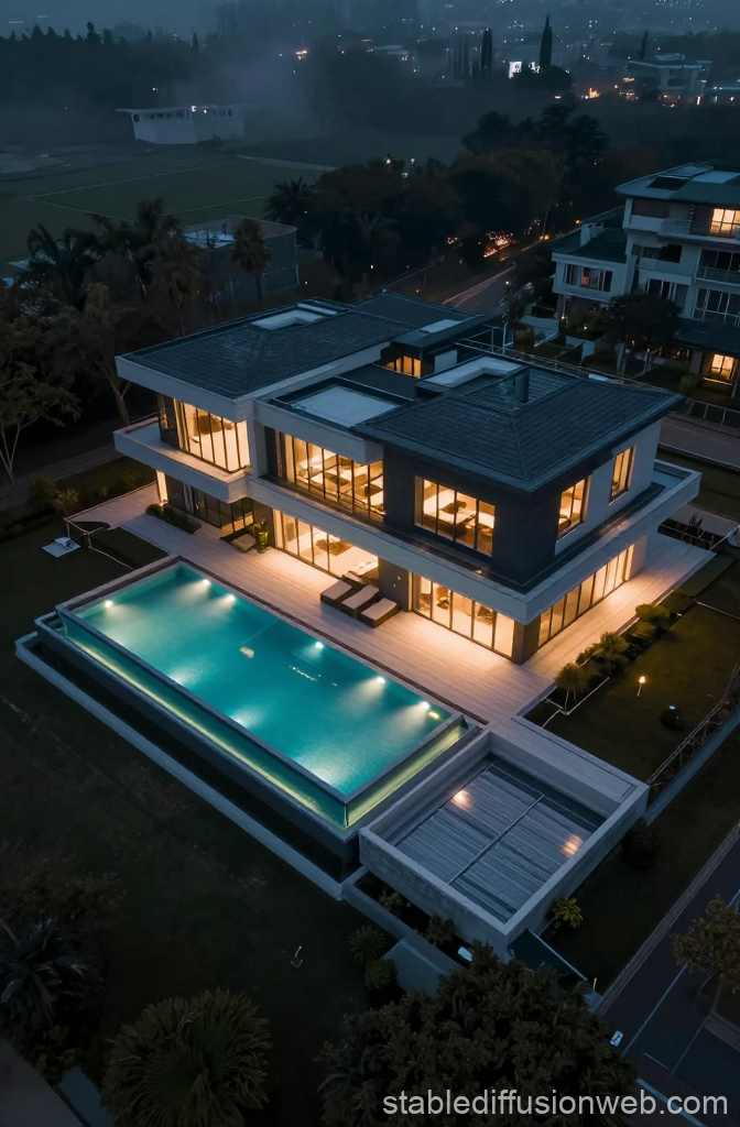 Modern Luxury Villa with Illuminated Pool at Night