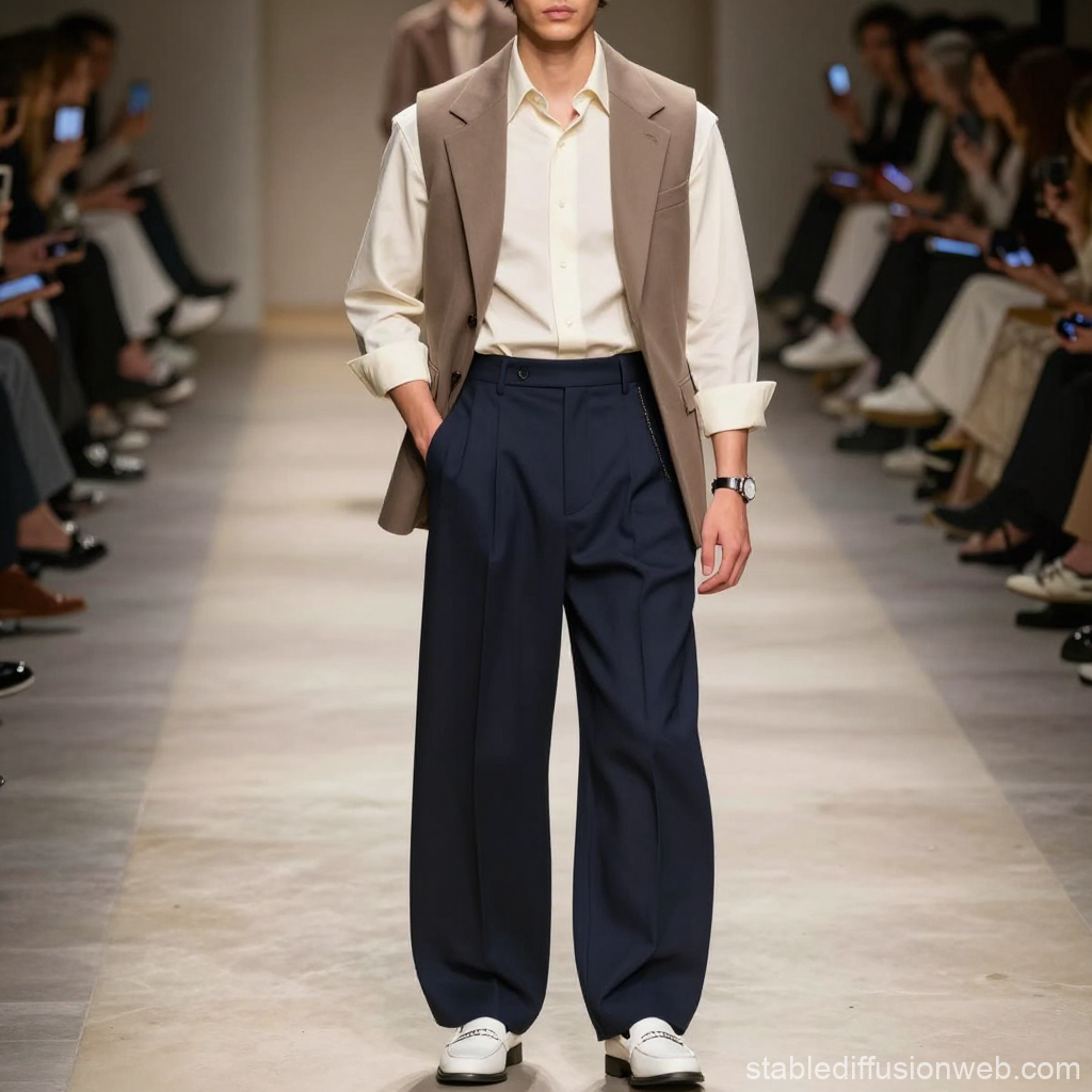 Modern Men's Fashion on Runway with Relaxed Trousers and Vest