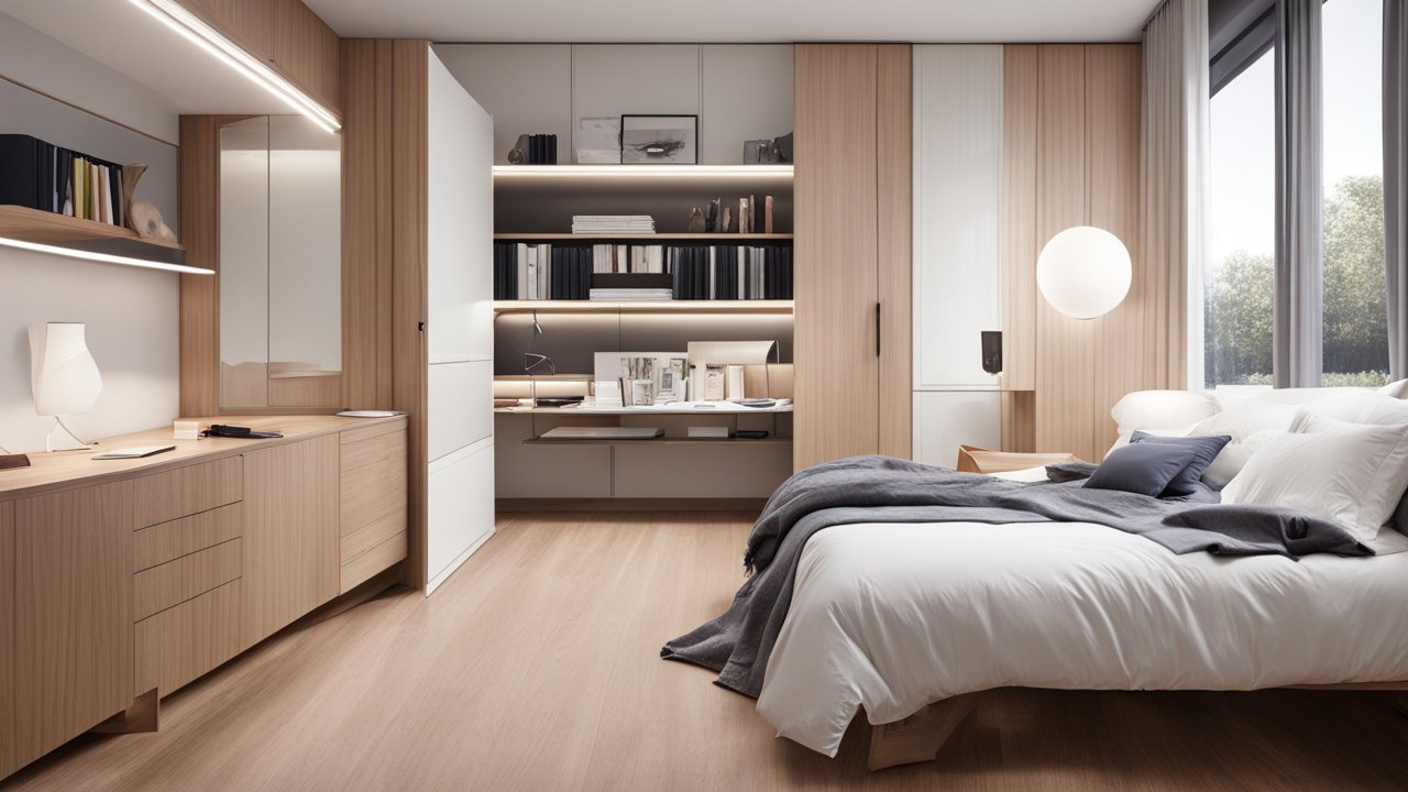 Modern Minimalist Bedroom with Wooden Wardrobe and Study Area