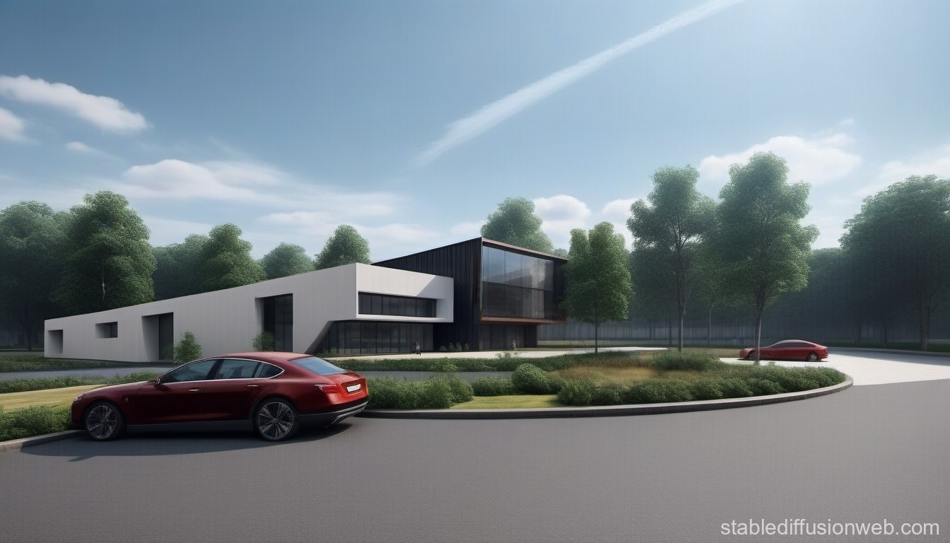 Modern Minimalist House with Red Cars in Lush Green Setting