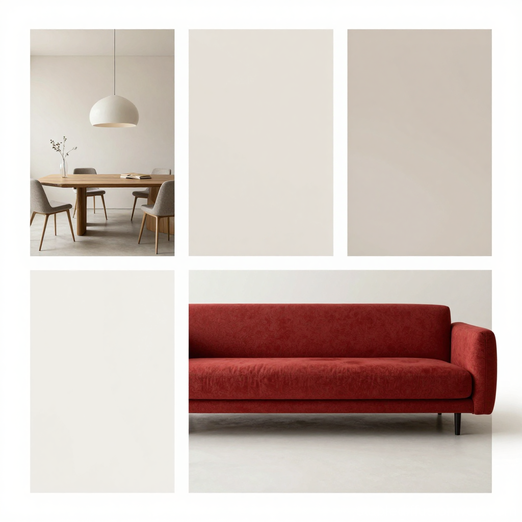 Modern Minimalist Interior with Red Sofa and Dining Area