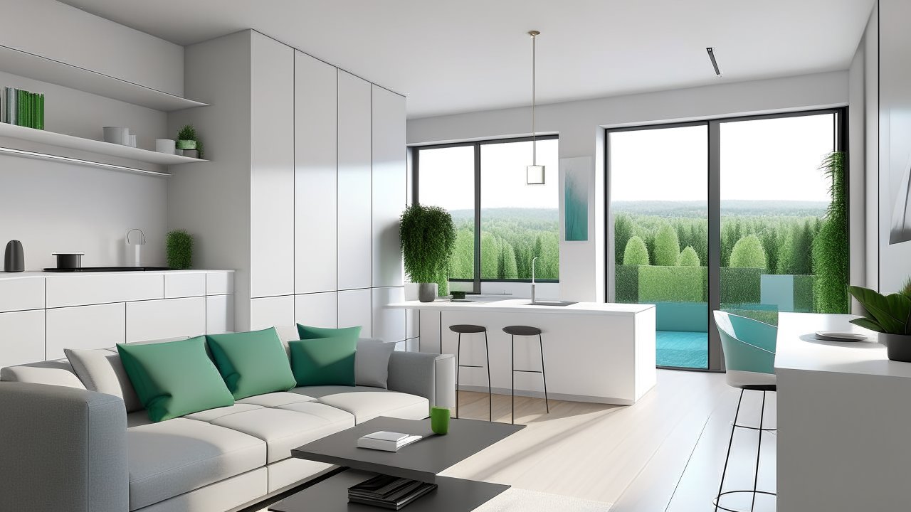 Modern Minimalist Kitchen and Living Space with Green Accents