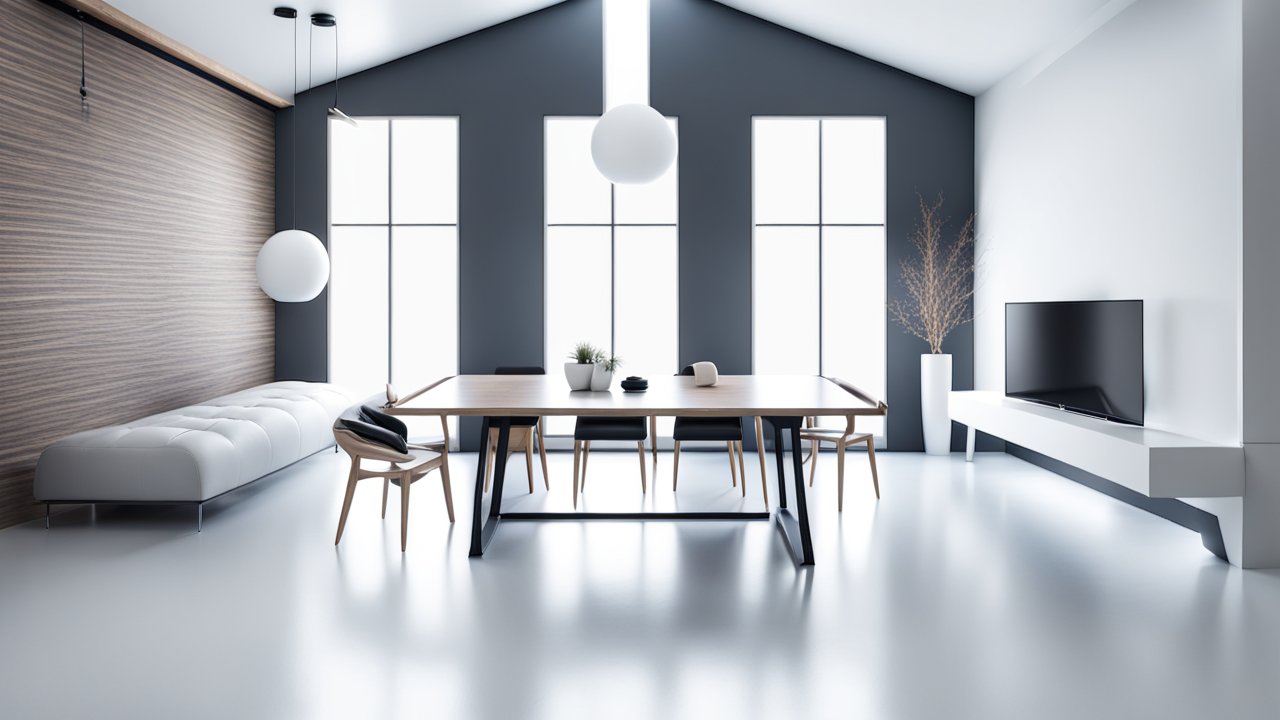 Modern Minimalist Light Room Interior with Dining Area