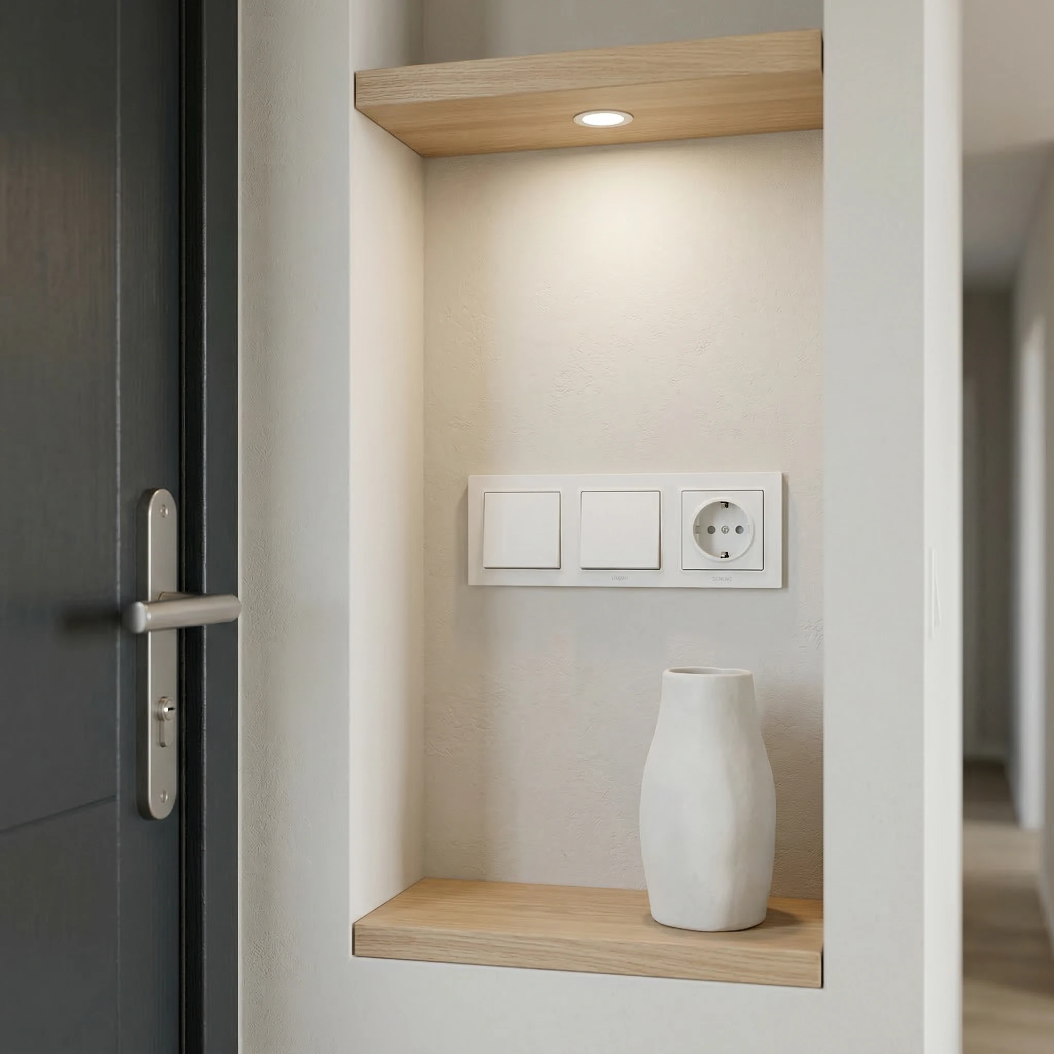 Modern Minimalist Wall Niche with Wooden Shelf and Vase