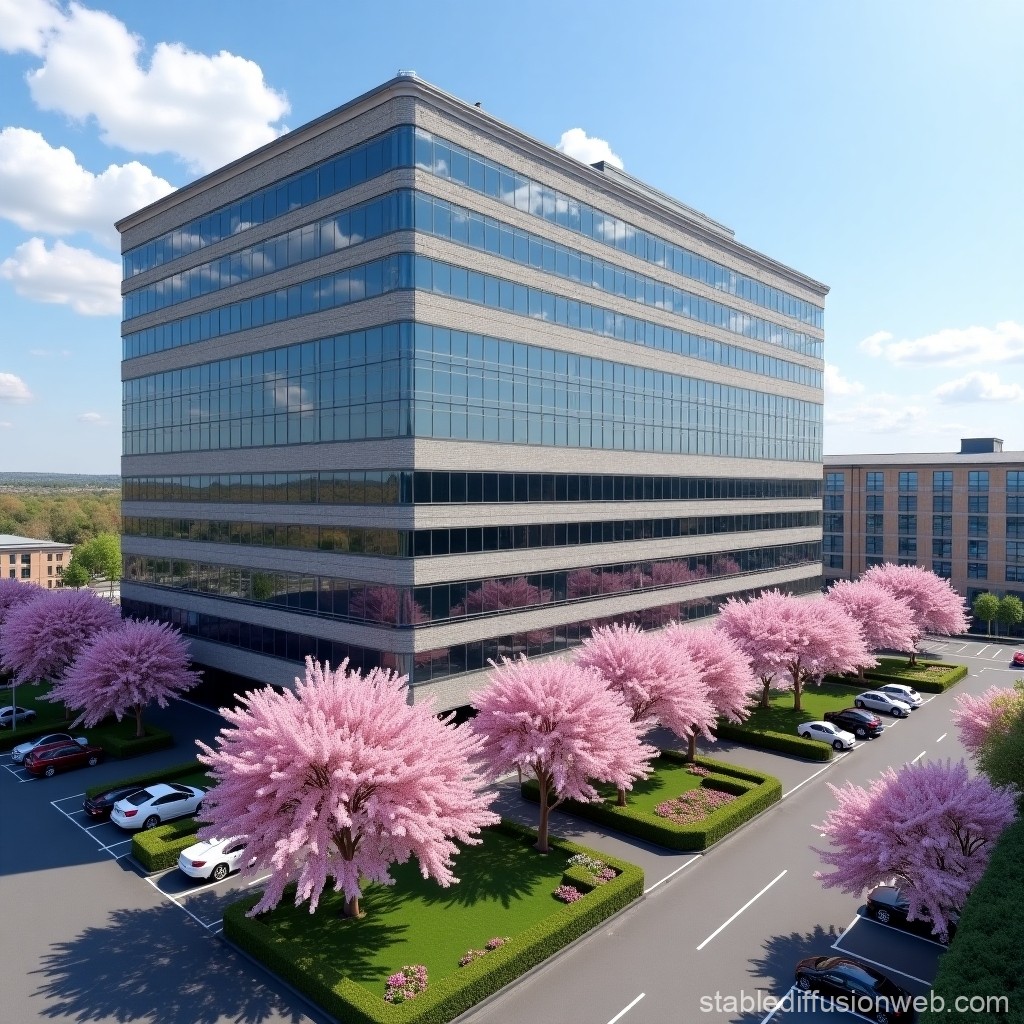 Modern Office Building Surrounded by Cherry Blossom Trees