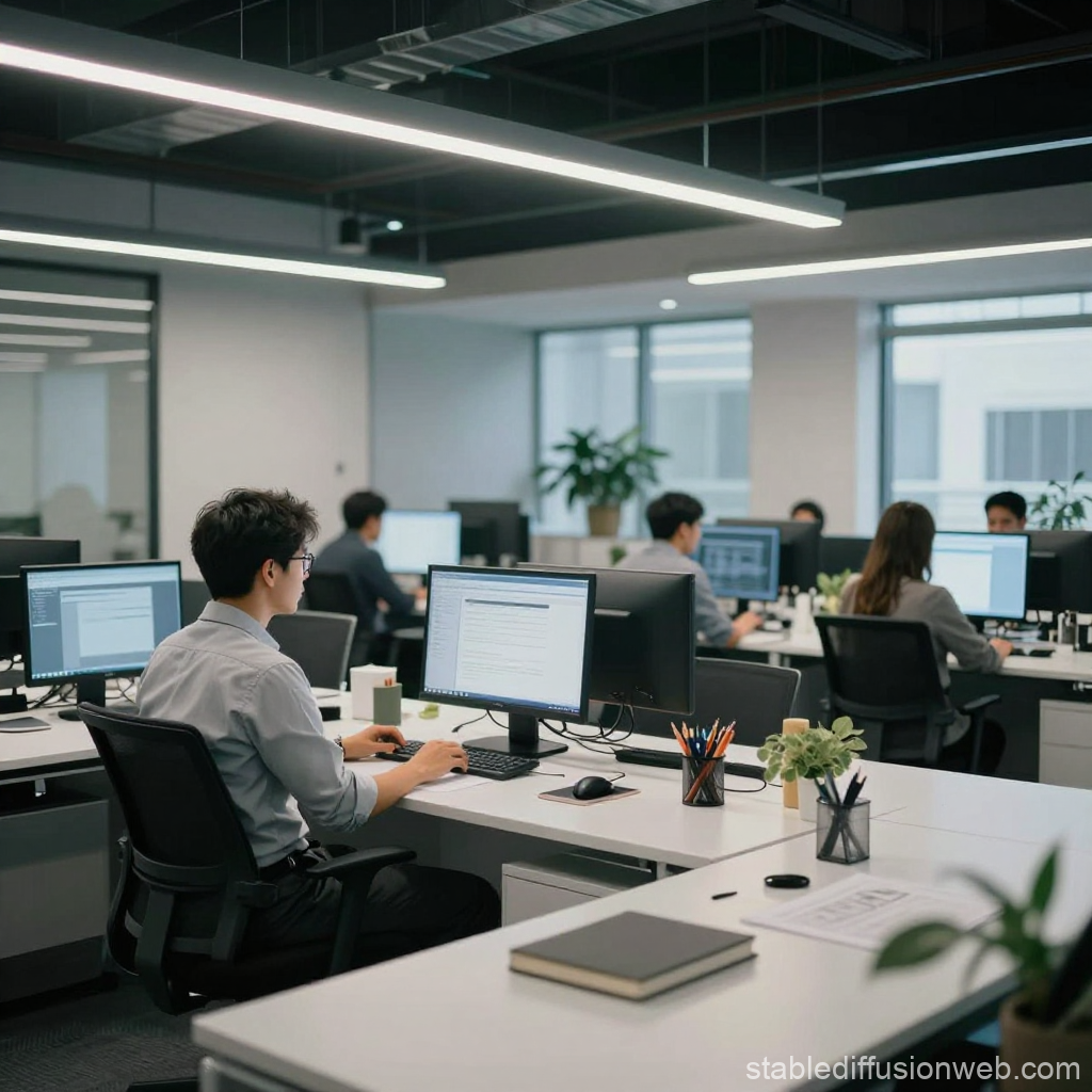 Modern Office Workspace with Professionals at Computers