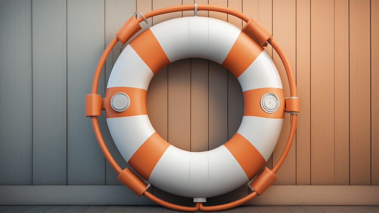 Modern Orange and White Lifebuoy on Wooden Wall